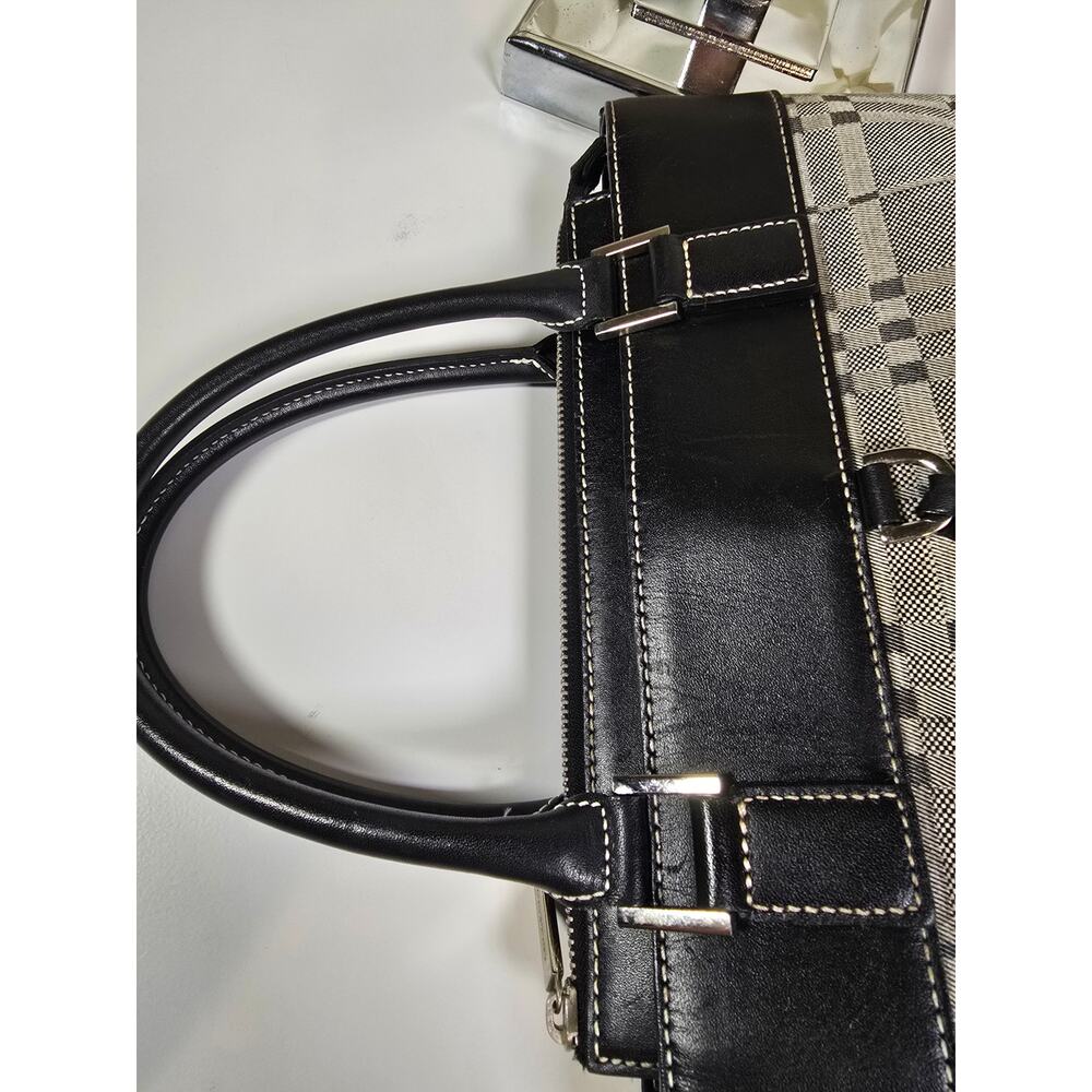 Burberry Zip Tote Grey/Black Cotton Check Handbag Leather Trim - Picture 3 of 6